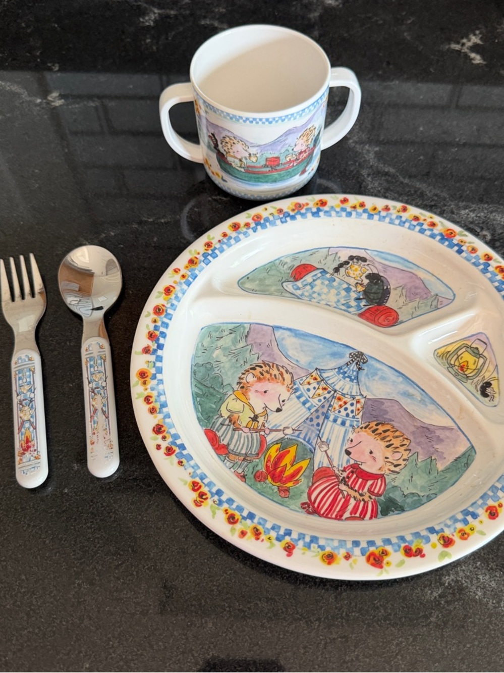 Mackenzie Child Child's Divided Dinnerware Set with Camping Illustration - White